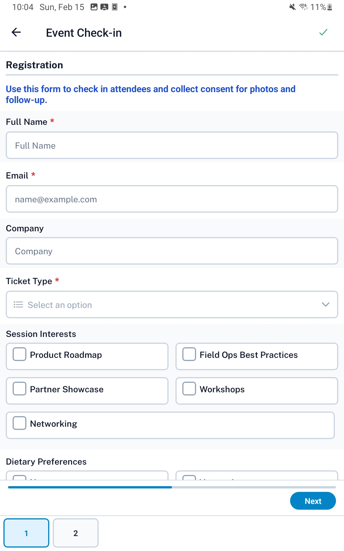 Event check-in form on FieldForms Pro mobile app