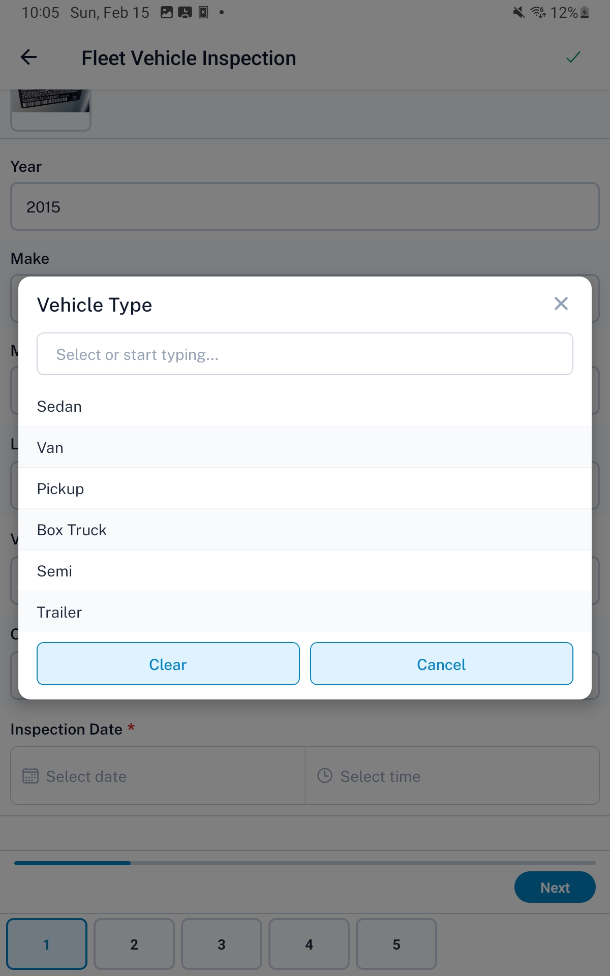 Vehicle type selection modal